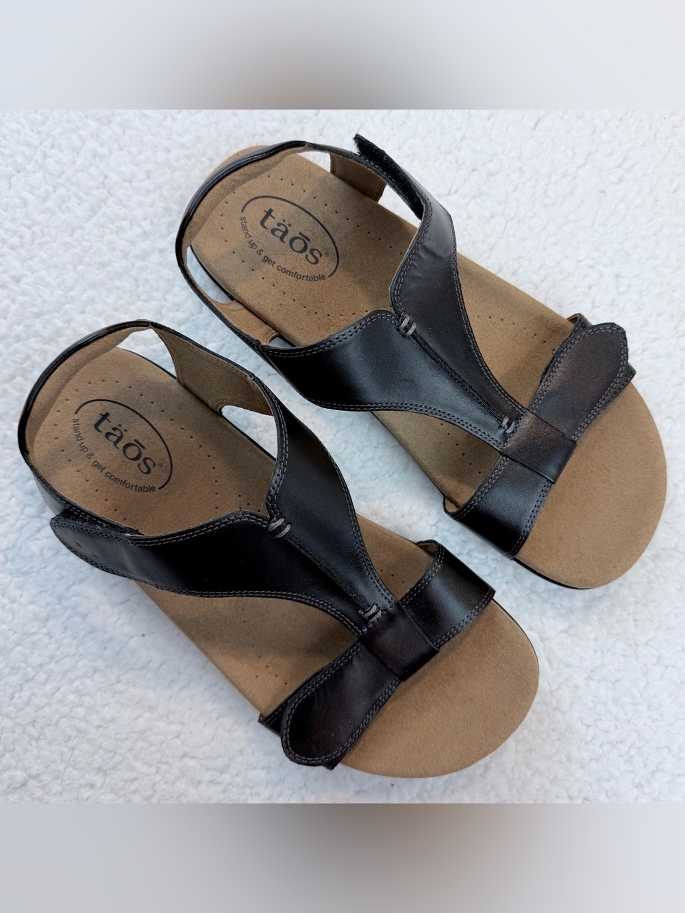 TAOS • Black/Tan Leather Open Toe T‑Strap Comfort Sandals, 9 - Picture 2 of 16